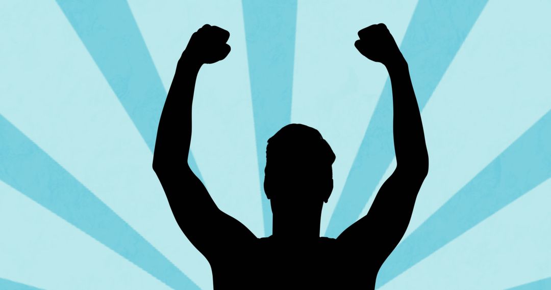 Man Silhouette Cheering for Success with Blue Burst Background