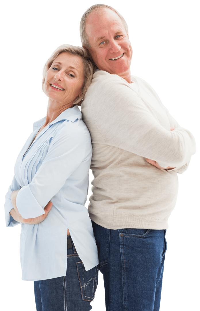 Happy Mature Couple Standing Back to Back with Transparent Background