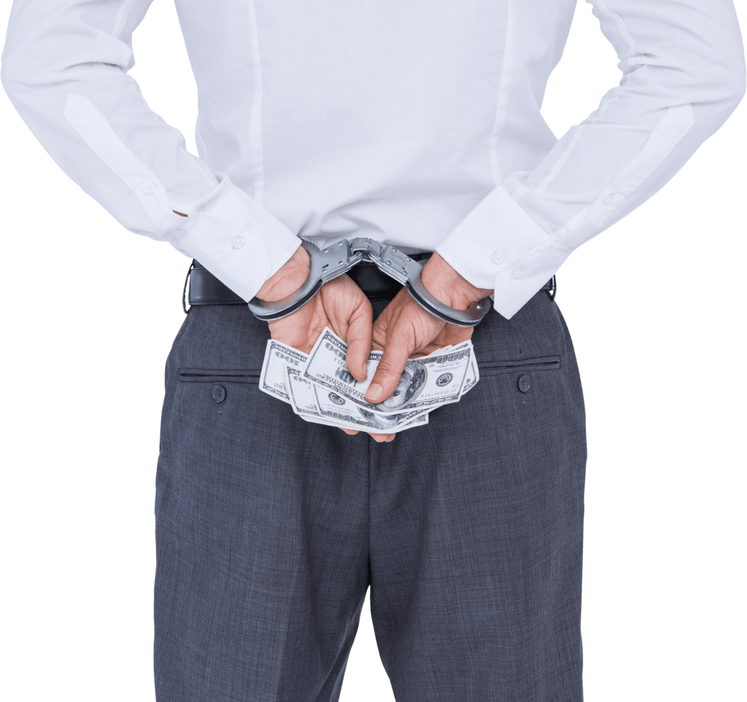 Transparent View Businessman in Handcuffs Holding Money Behind Back