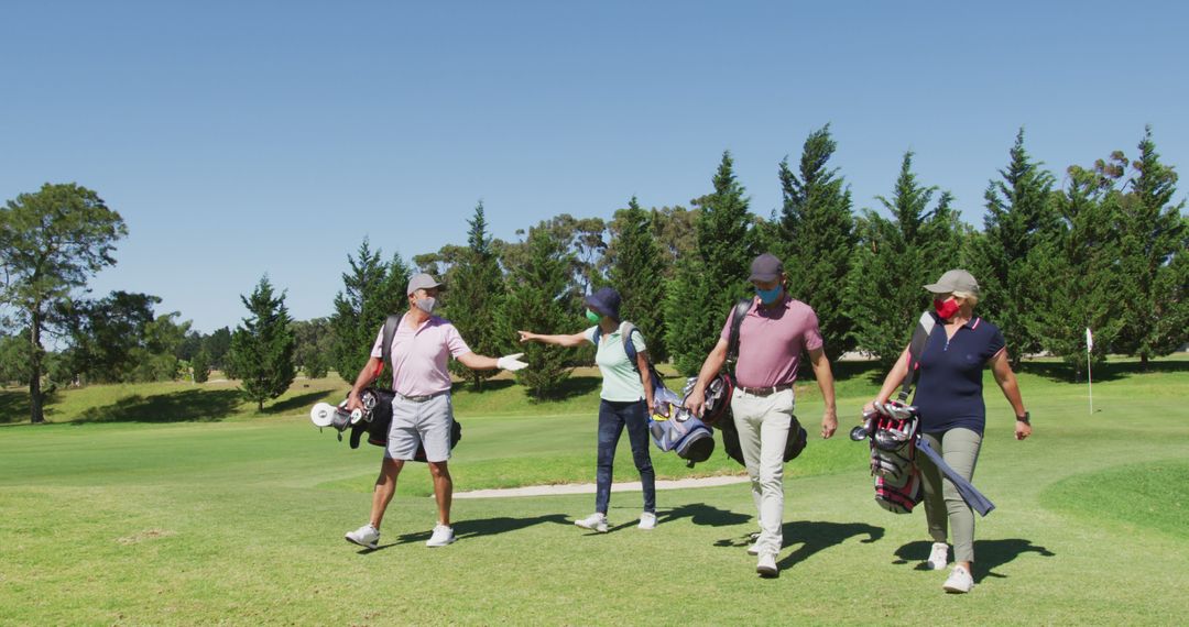Senior Golfers in Masks Enjoying Socially Distanced Game