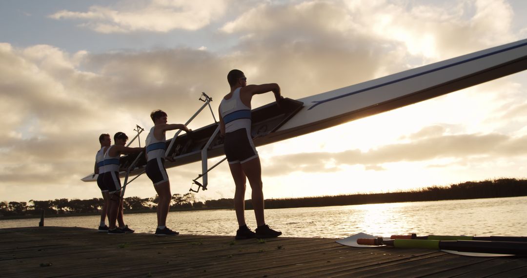 Team of Rowers Preparing Boat at Lakeside Sunset - Free Images, Stock Photos and Pictures on Pikwizard.com