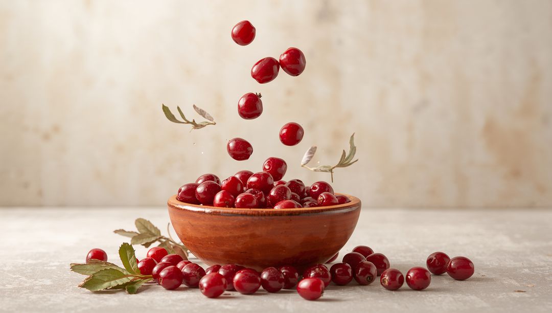 Cranberries Falling into Rustic Brown Ceramic Bowl on Light Stone Tabletop with Leaves