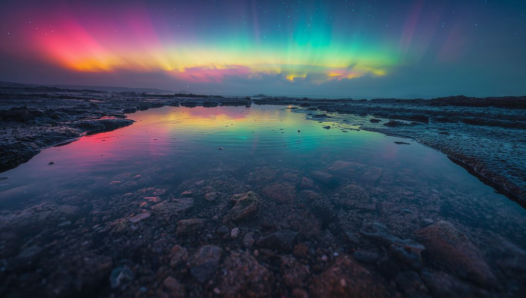 Vivid aurora reflection over tidal pool with rocky foreground and colorful night sky
