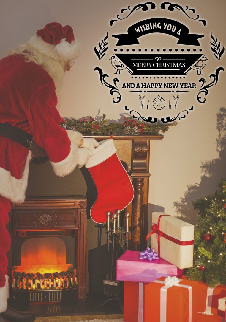 Santa Placing Gifts by Fireplace with Merry Christmas Message - Download Free Stock Templates Pikwizard.com