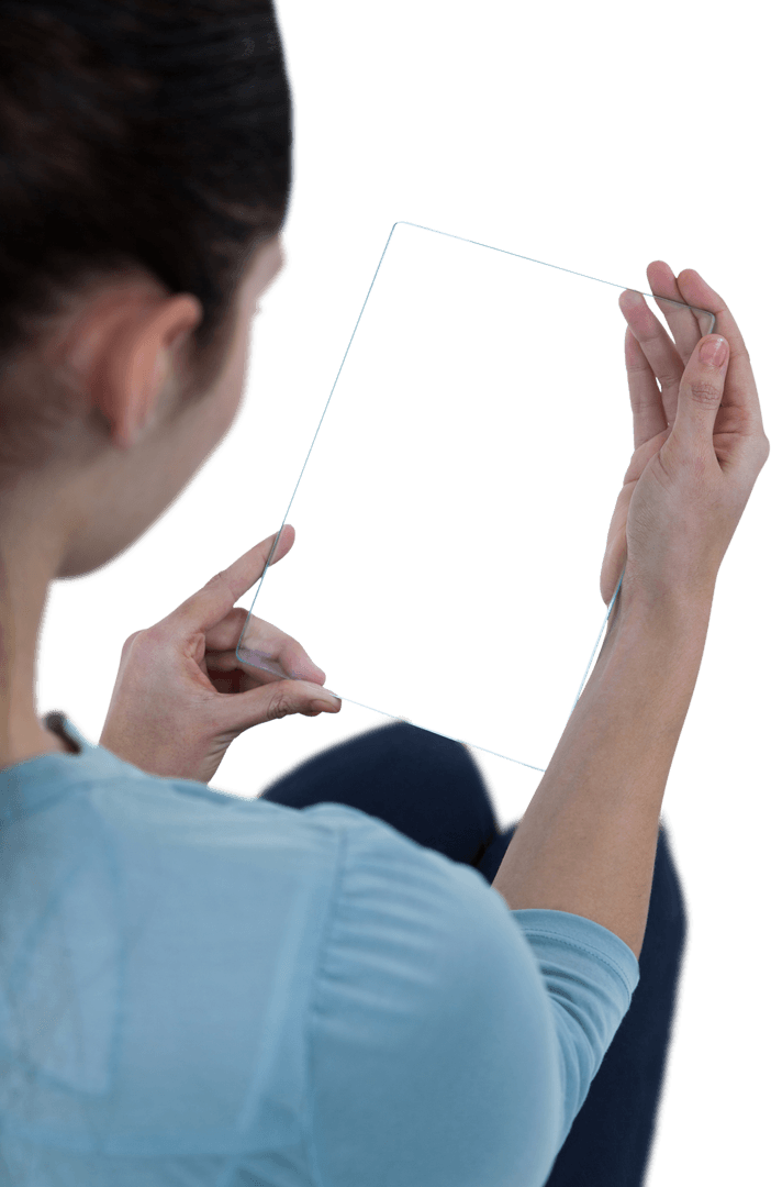 Businesswoman Holding Blank Transparent Digital Tablet Mockup