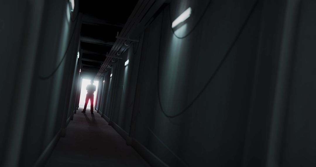 Mysterious Silhouette in Dimly Lit Corridor