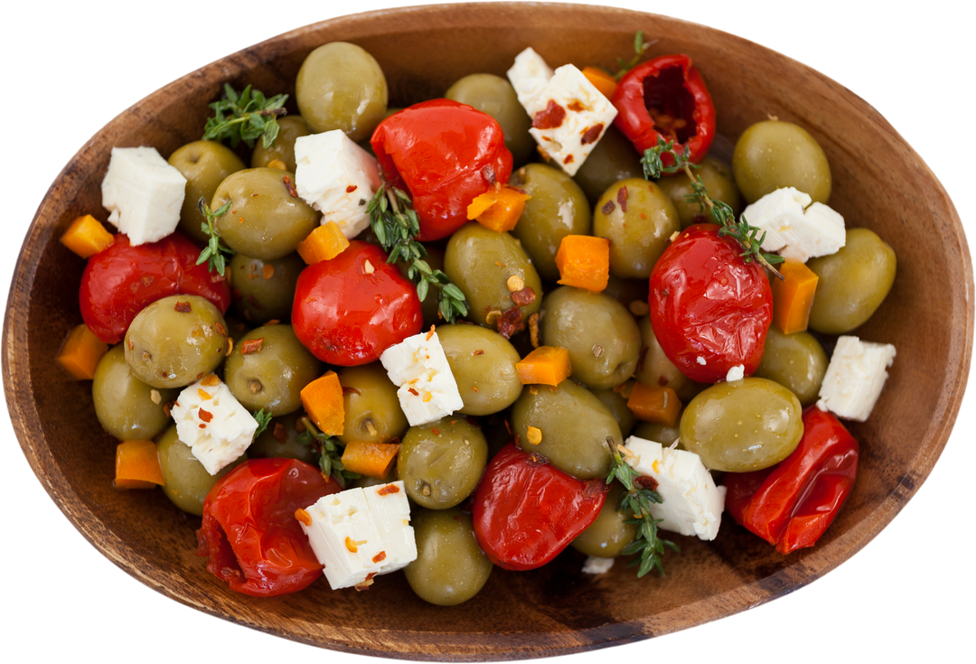 Transparent background of seasoned olives, cheese, and red chili peppers in wooden bowl - Download Free Stock Images Pikwizard.com