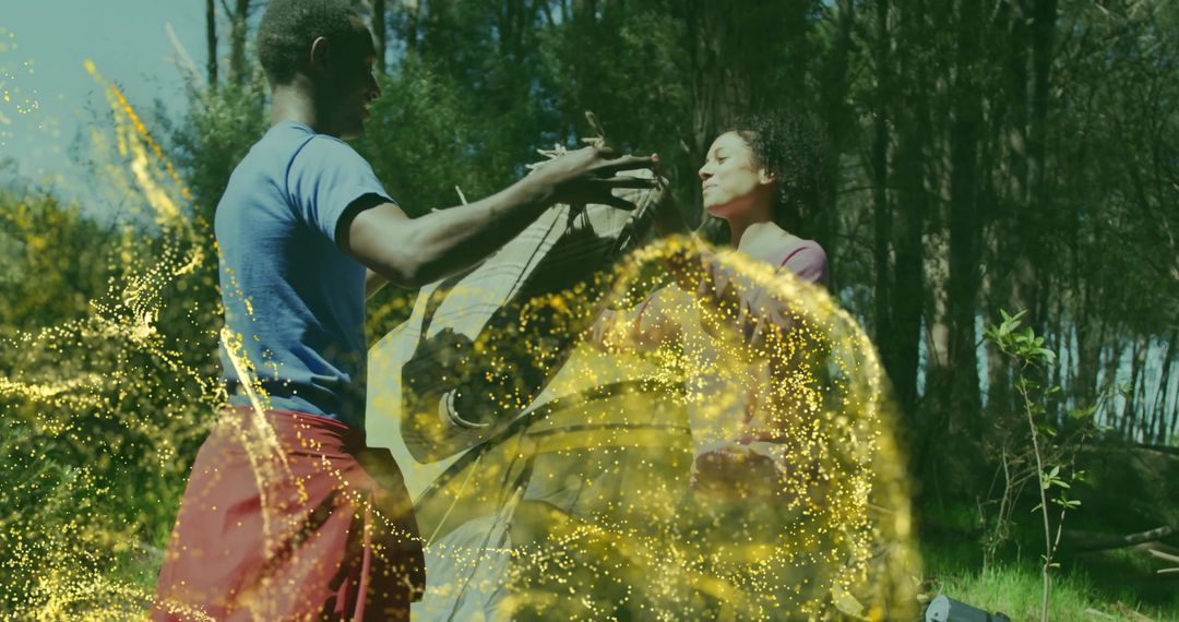Friends Unveiling Carved Wooden Structure in Enchanted Forest Clearing