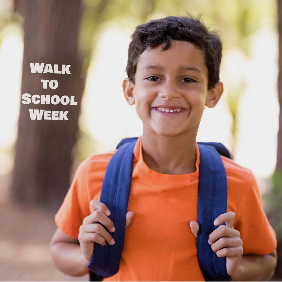 Cheerful Boy Excited for Walk to School Week Outdoors