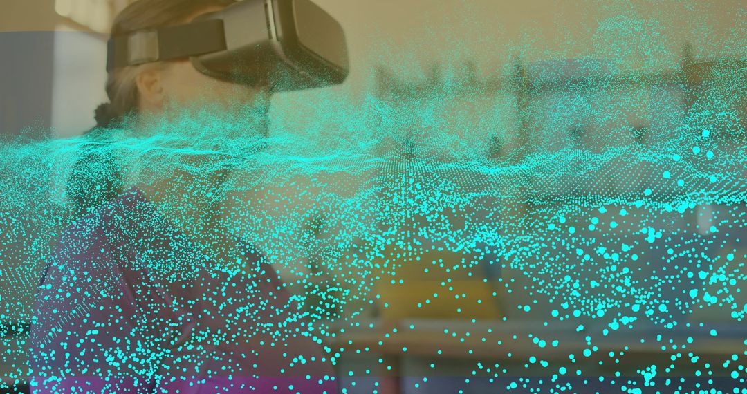 Woman Exploring Virtual Reality Data Field with Futuristic Turquoise Overlay