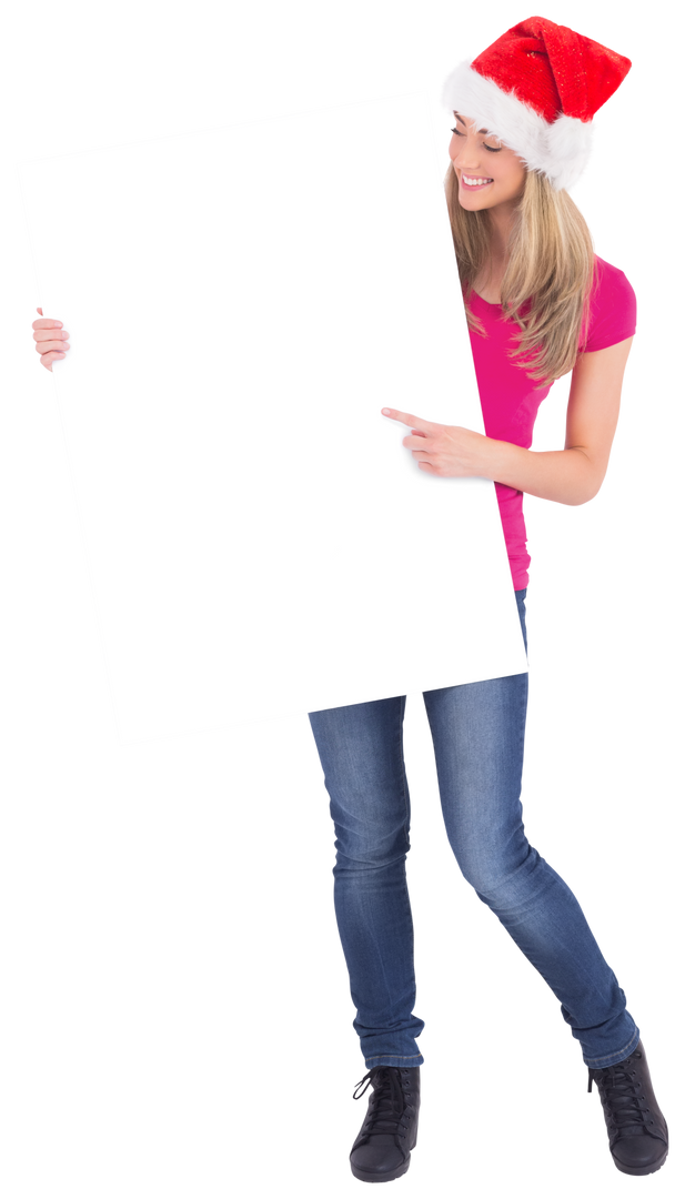 Festive Blonde Wearing Santa Hat Holding Large Transparent Poster - Download Free Stock Images Pikwizard.com