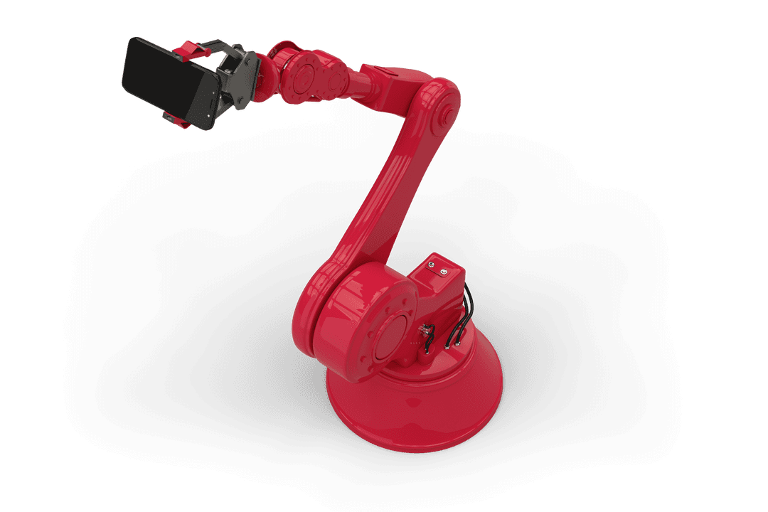 Red Robotic Arm with Transparent Background Holding Smartphone