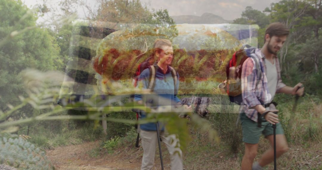 Hikers Exploring Scenic Forest Trail with Backpacks and Trekking Poles