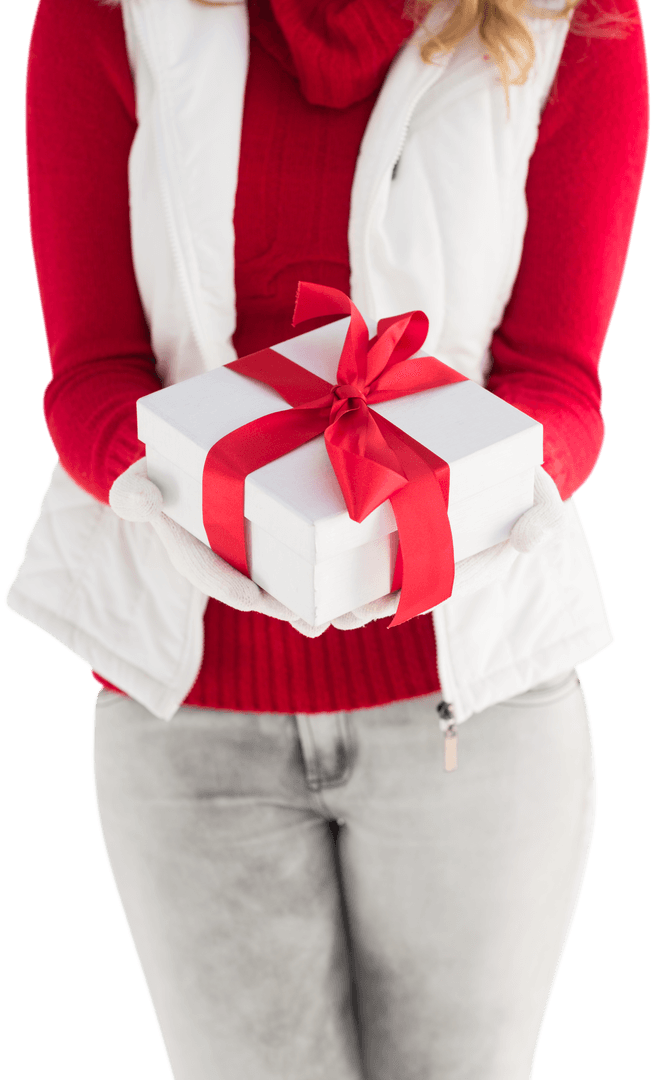 Person in Red Sweater Holding Transparent Gift Box with Red Ribbon