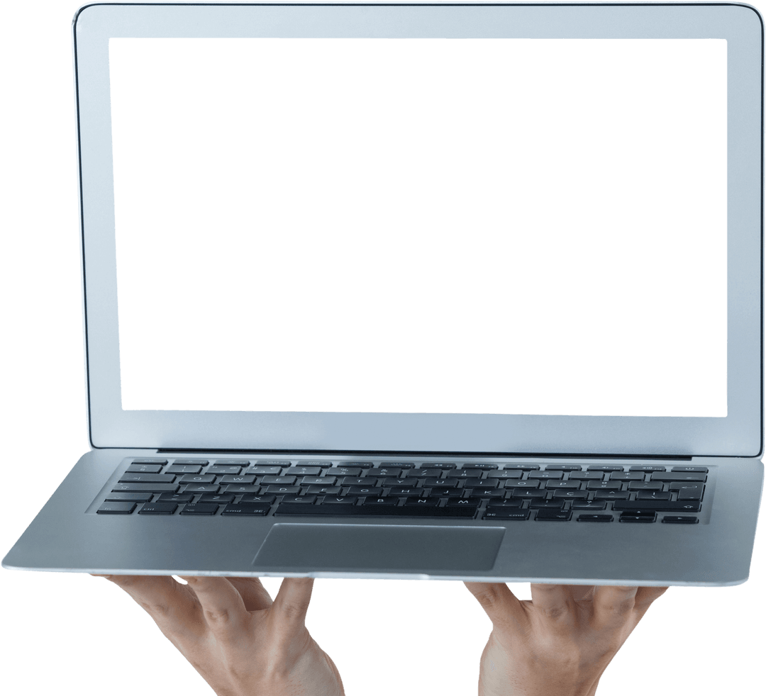 Transparent Laptop Screen Supported by Hands on Isolated Background