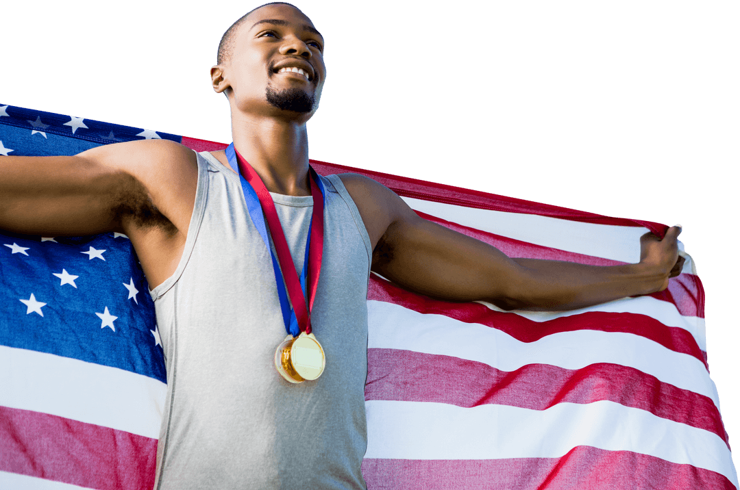 Proud Athlete with Medal and American Flag on Transparent Background