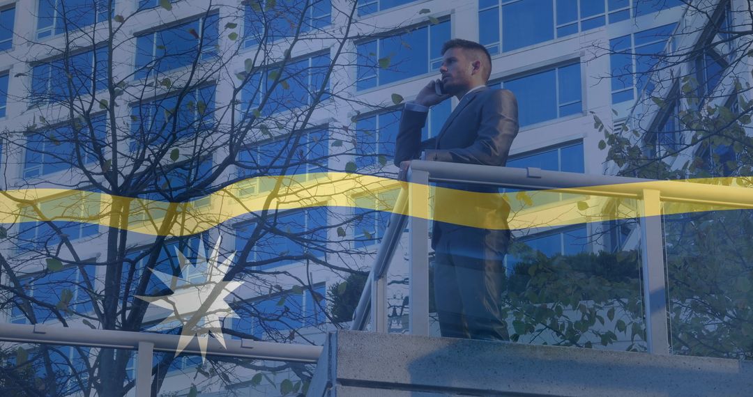 Executive Businessman Speaking on Smartphone Against Modern Architecture