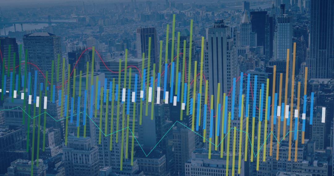 Cityscape Overlayed with Digital Graphs Representing Global Business Trends