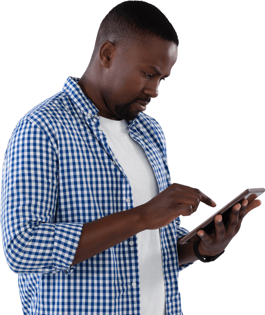 Man in Plaid Shirt Using Digital Tablet on Transparent Background