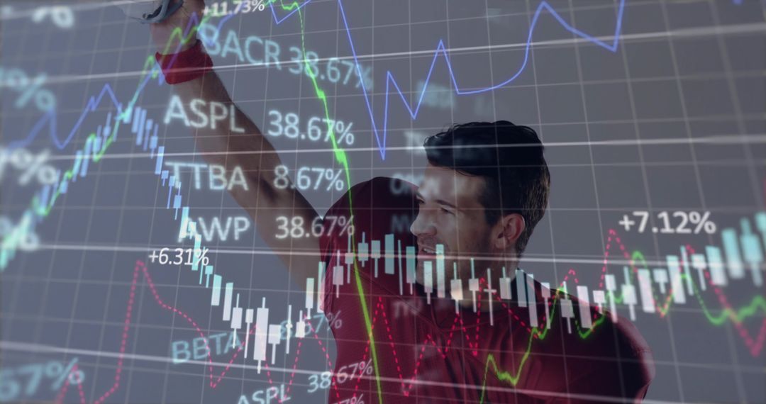 Trader pointing at stock charts with candlesticks, percent gains and market data overlay