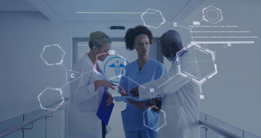 Diverse Medical Team Discussing with Digital Interface Overlay