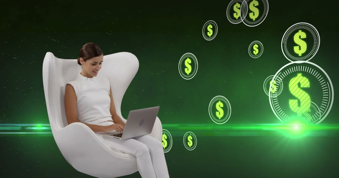 Woman Using Laptop with Floating Dollar Symbols on Green