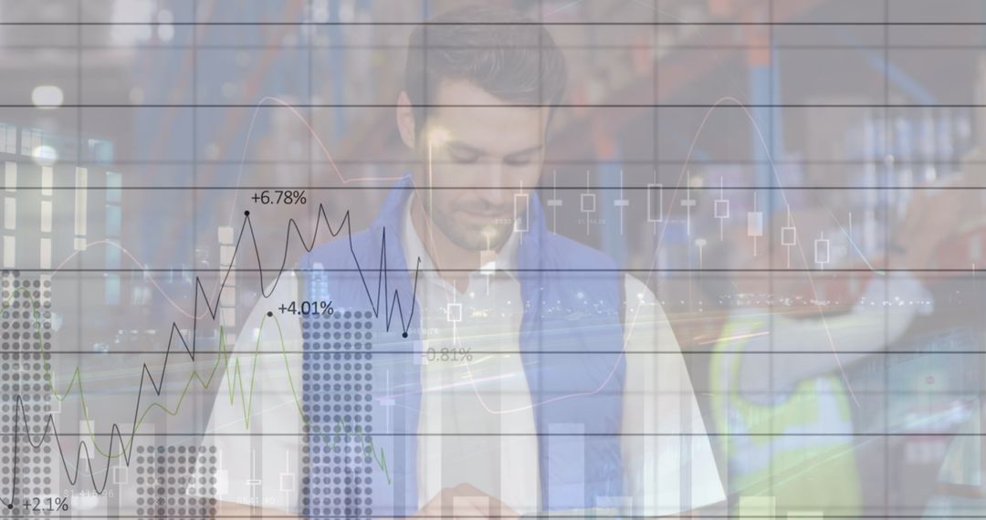Warehouse Worker Amidst Financial Growth Graphs Concept