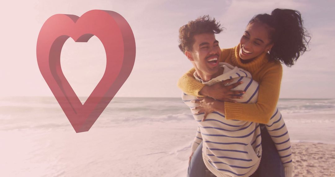 Joyful Couple Embracing on Sunlit Beach with Heart Graphic