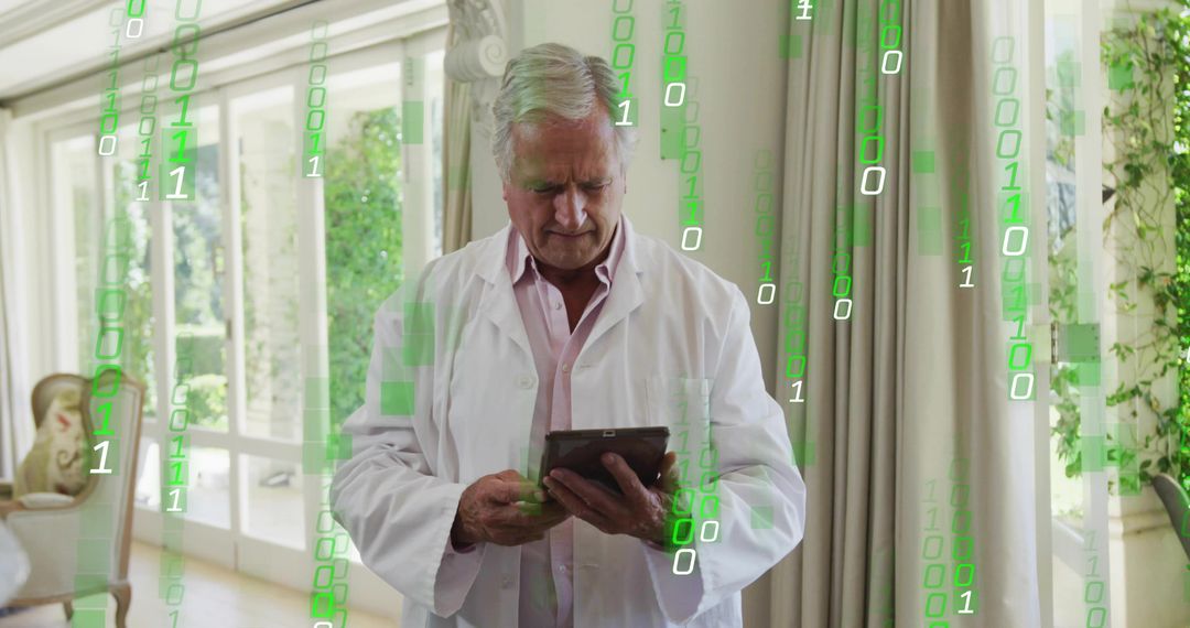 Senior Scientist Exploring Tablet with Futuristic Binary Overlay