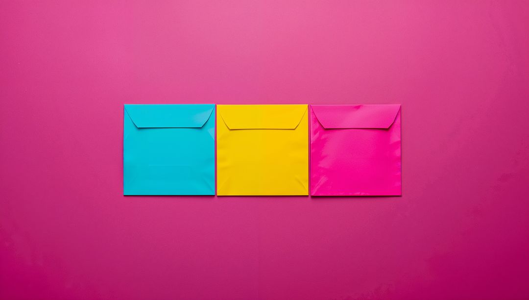 Colorful Envelopes on Pink Background, Cyan Yellow Magenta Trio