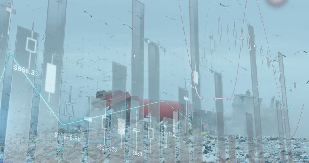 Financial Data Overlay on Garbage Dump Symbolizes Economic Impact