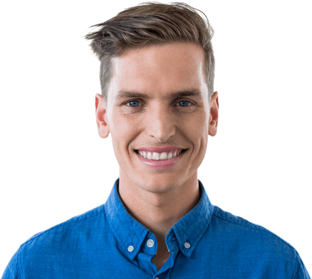 Portrait of Happy Man in Blue Shirt on Transparent Background