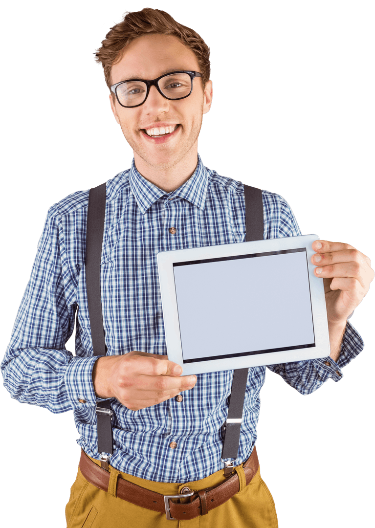 Young Professional Displaying Transparent Tablet Over White Background
