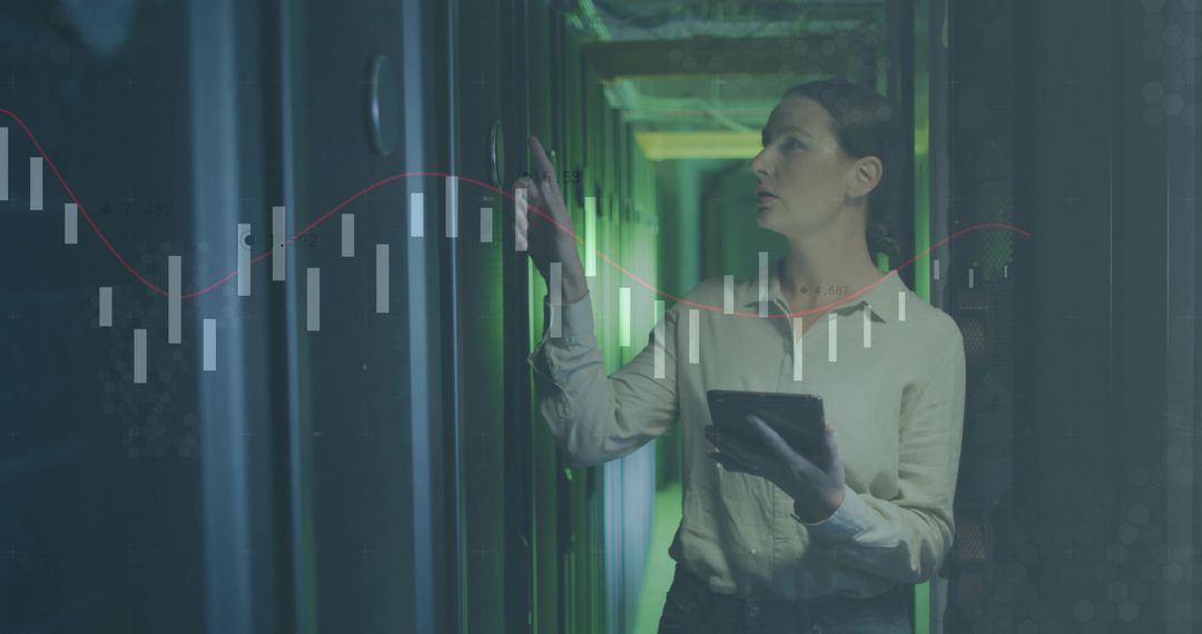 Engineer Analyzing Data in Server Room Multitasking with Tablet