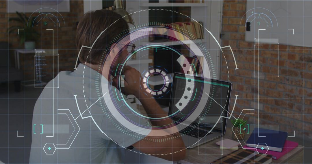 Remote office worker making call with headset and laptop HUD overlay showing interface