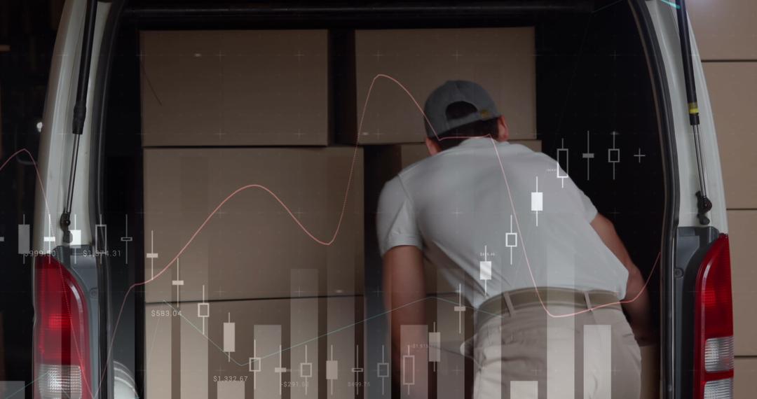 Delivery Man Loading Van with Digital Financial Statistics Overlay - Free Images, Stock Photos and Pictures on Pikwizard.com