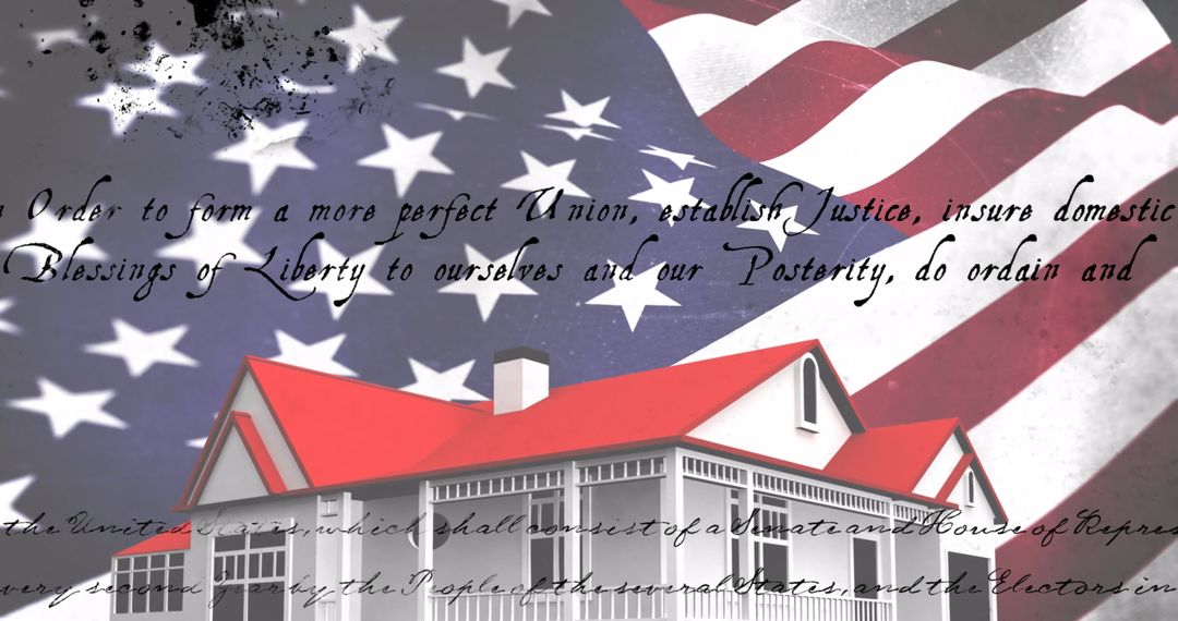 Patriotic Theme with Text Overlay on US Flag and House Graphic