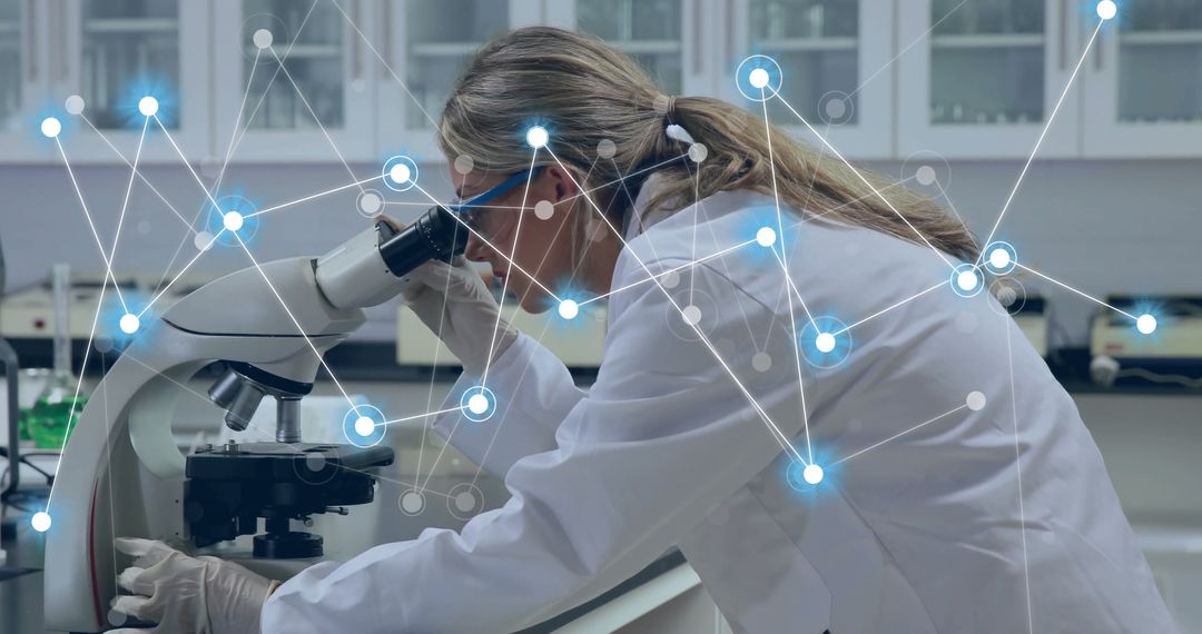 Innovative Female Scientist Using Microscope with Digital Interface Overlay