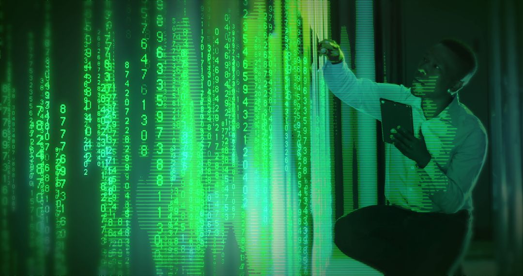 Businessman Analyzing Data Streams in Futuristic Server Room