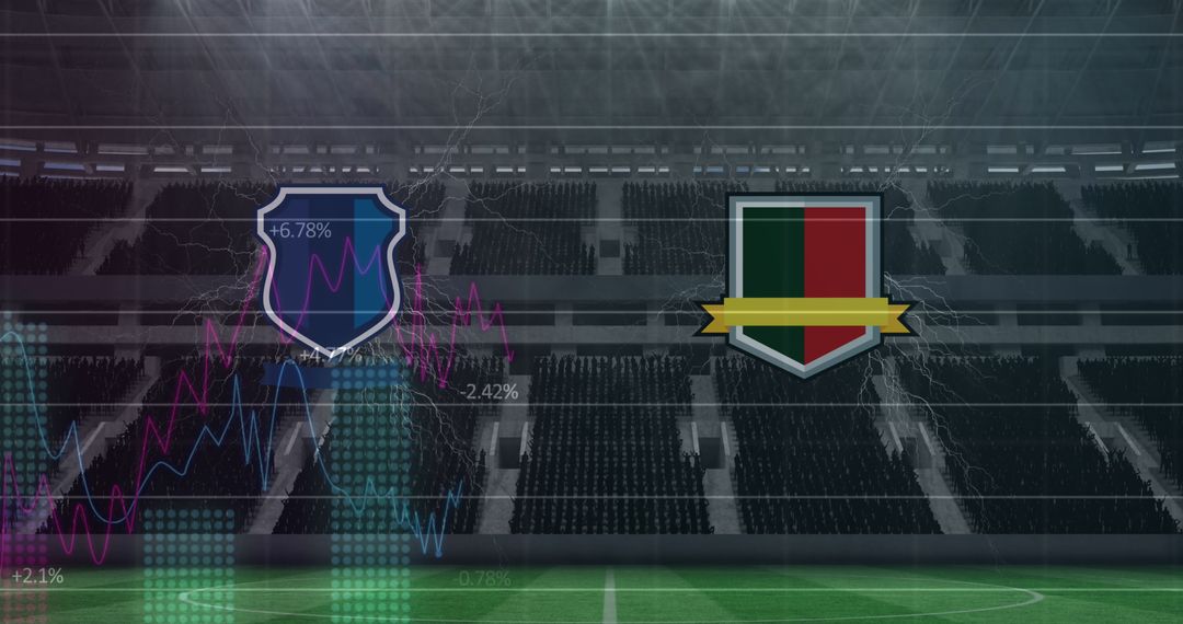 Futuristic Sports Stadium with Team Emblems and Analytics Graphs