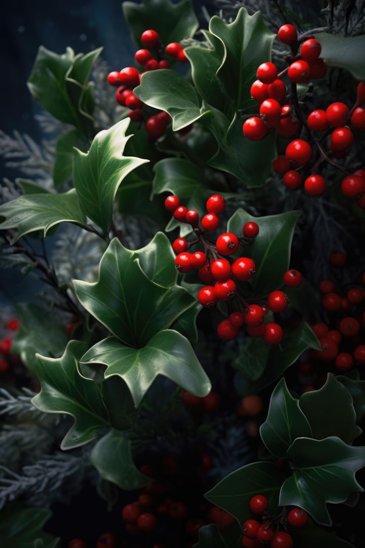Close up of holly and red berries on black background, created using generative ai technology - Free Images, Stock Photos and Pictures on Pikwizard.com