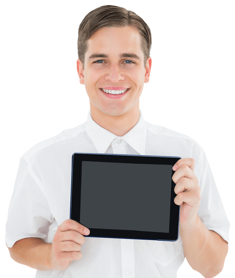 Smiling Young Man Presenting Transparent Tablet in White Shirt