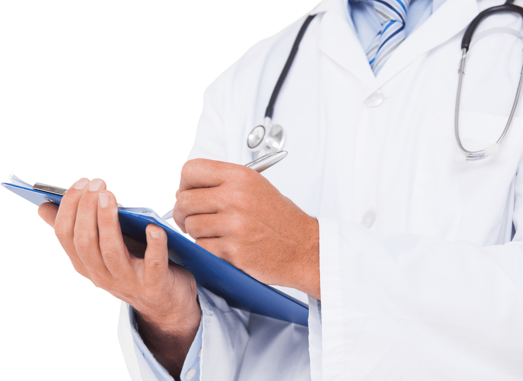 Professional Doctor Writing Notes on Clipboard on Transparent Background