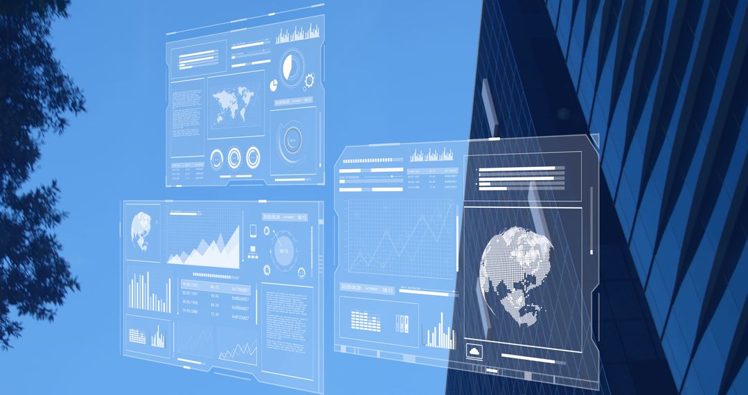 Futuristic digital analytics display with global data projections
