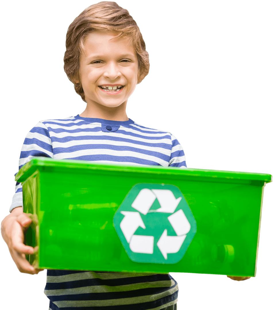 Smiling Boy Holding Green Transparent Recycling Container