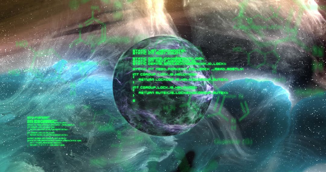 Cosmic Planet with Overlay of Chemical Formulas in Deep Space