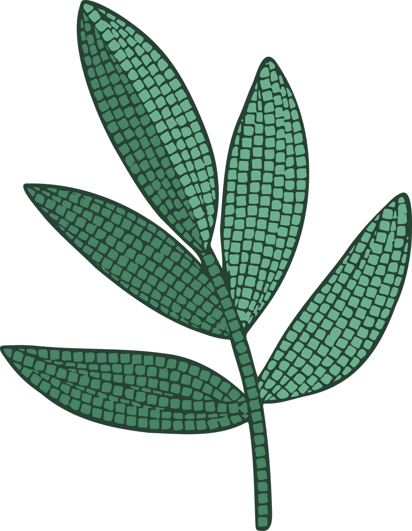 Illustration of Branch with Six Mosaic Green Leaves Transparent Background