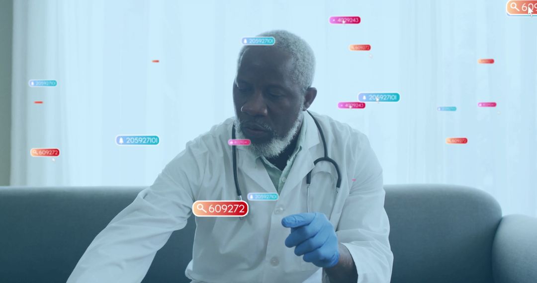 Senior Doctor Analyzing Futuristic Data in Modern Medical Setting