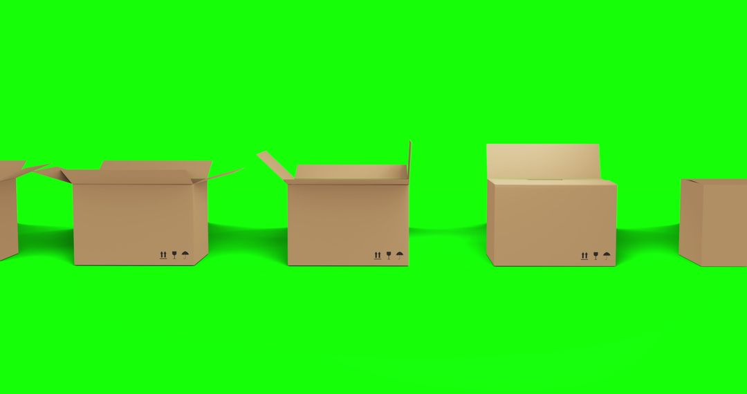 Line of Brown Cardboard Boxes on Vibrant Green Background