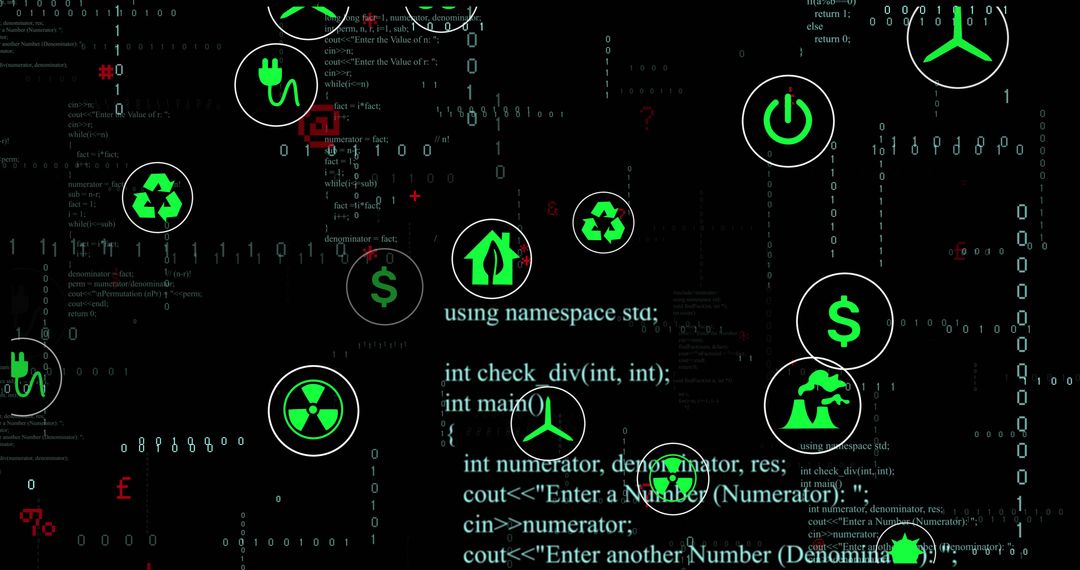 Floating Green Icons Above Code Background Highlight Sustainable Technology